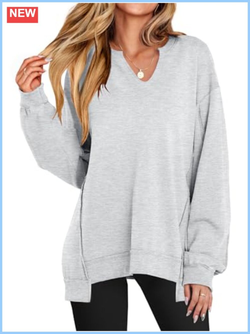 Women's Oversized V-Neck Patchwork Sweatshirt Casual Long Sleeve Pullover